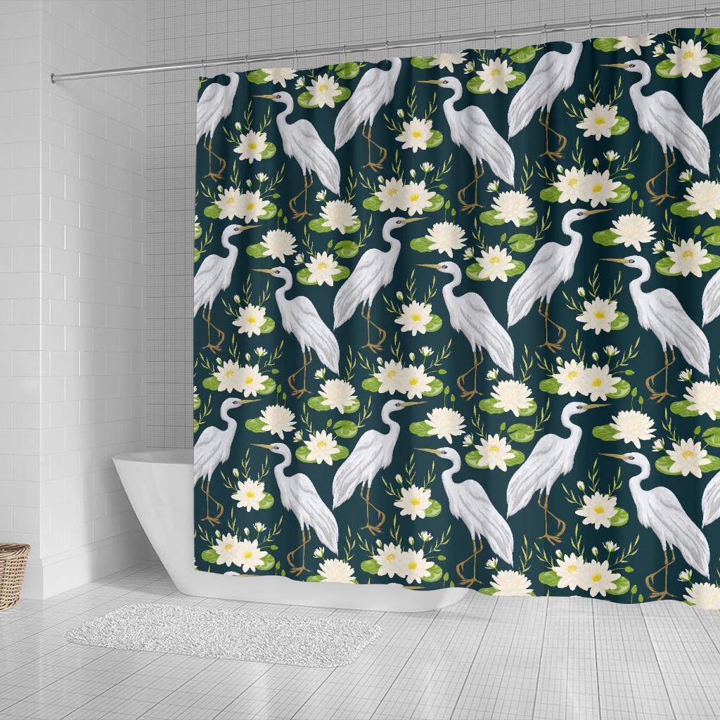 Heron Lotus Pattern Print Bathroom Shower Curtain-grizzshop