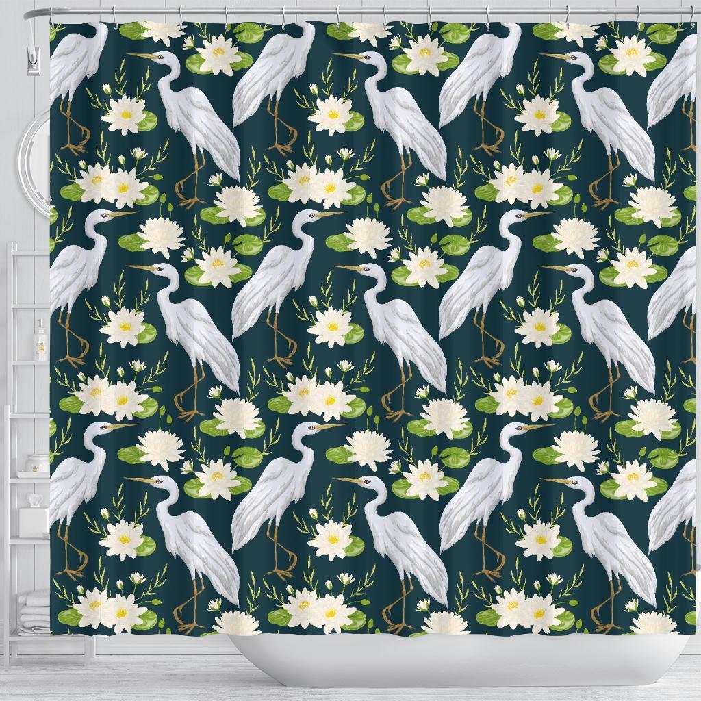 Heron Lotus Pattern Print Bathroom Shower Curtain-grizzshop