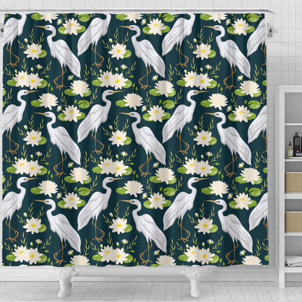 Heron Lotus Pattern Print Bathroom Shower Curtain-grizzshop