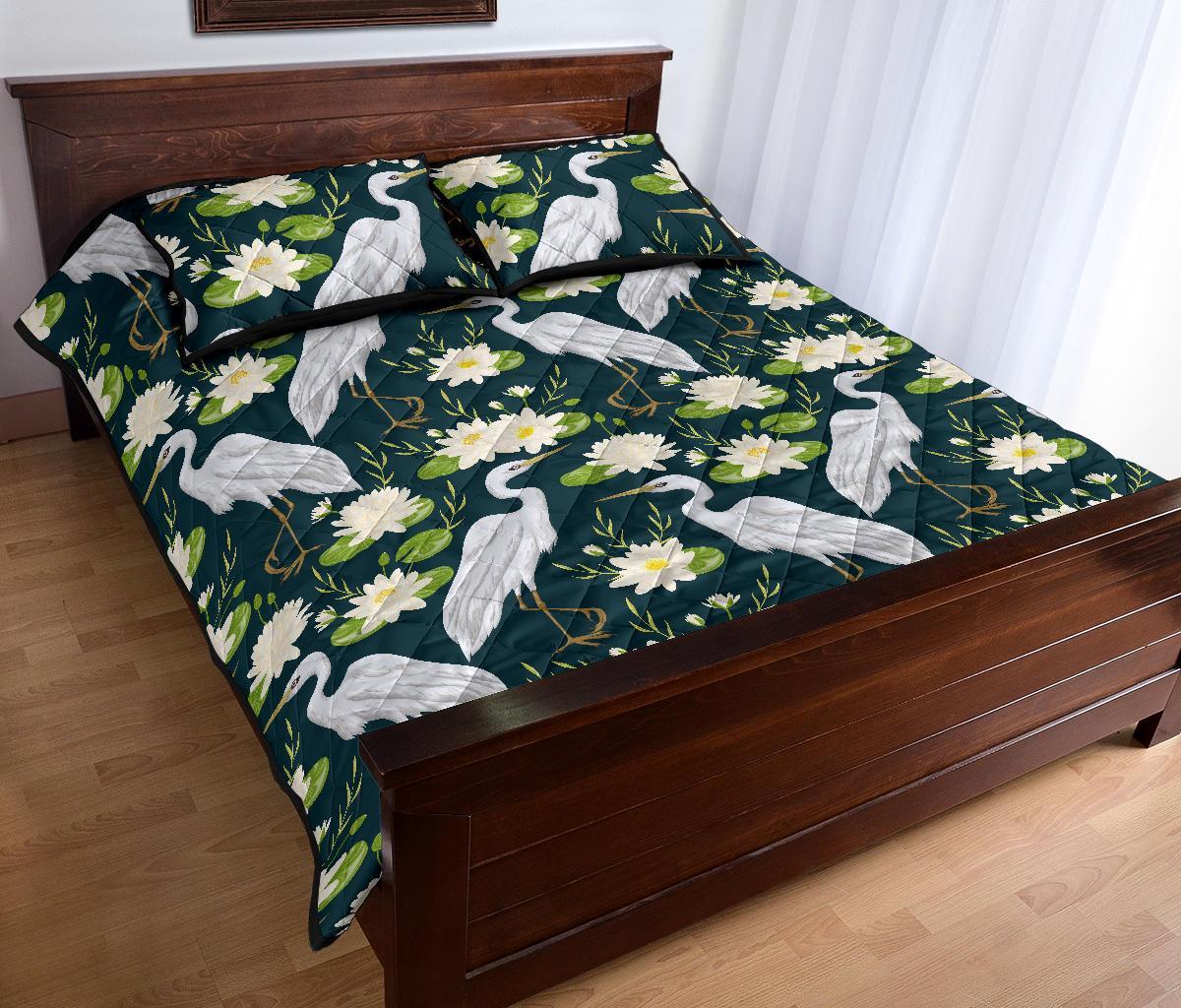 Heron Lotus Pattern Print Bed Set Quilt-grizzshop