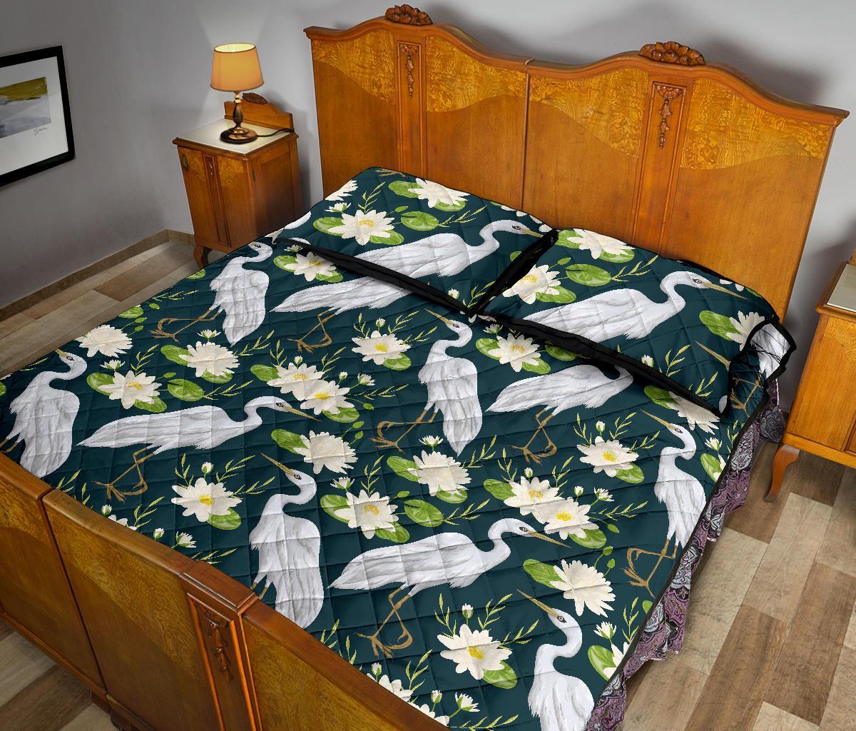 Heron Lotus Pattern Print Bed Set Quilt-grizzshop