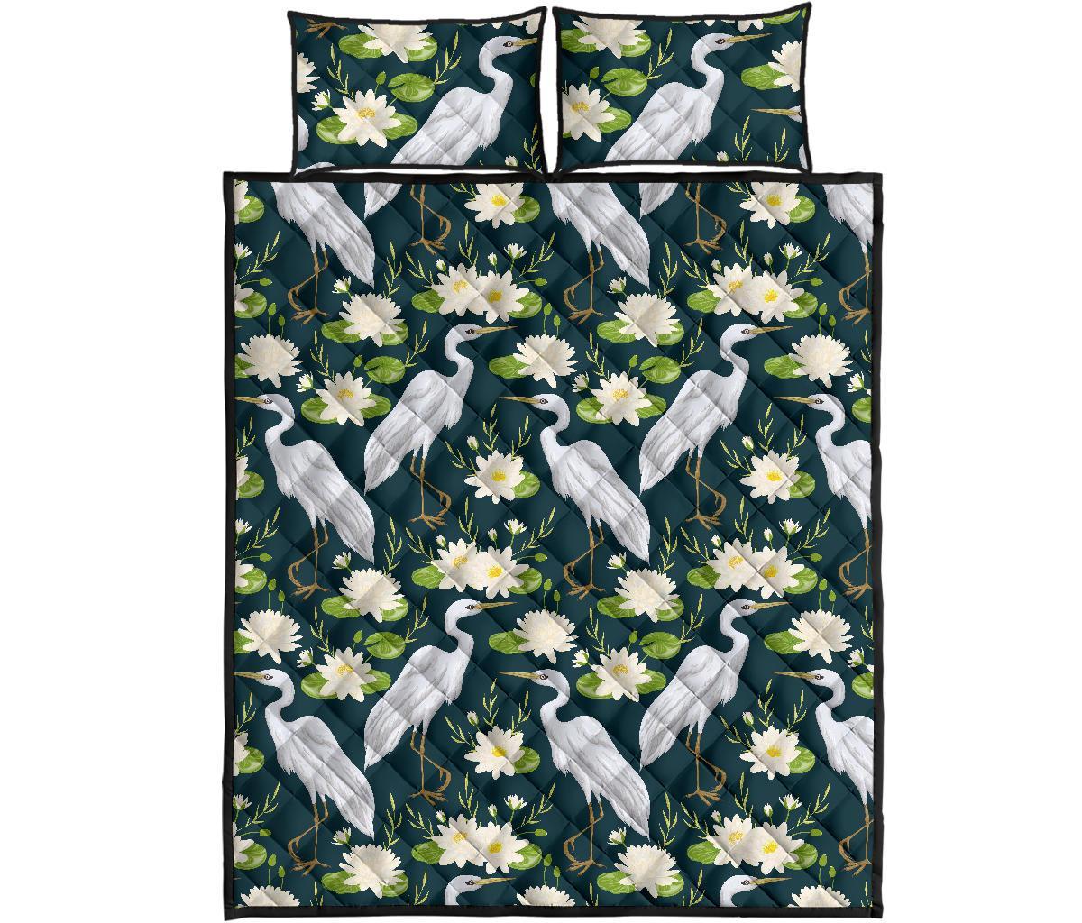 Heron Lotus Pattern Print Bed Set Quilt-grizzshop