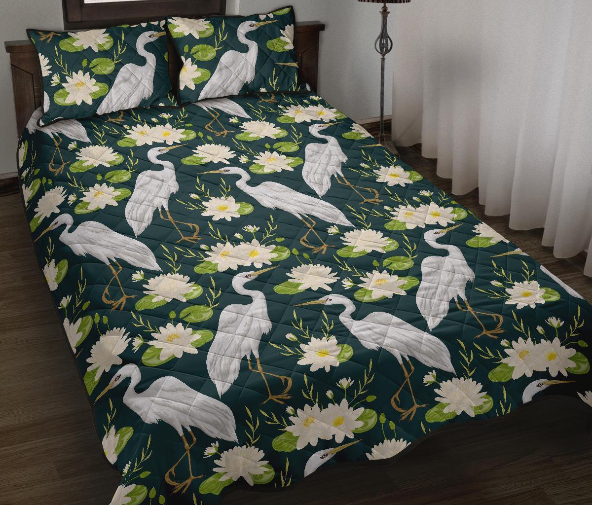 Heron Lotus Pattern Print Bed Set Quilt-grizzshop