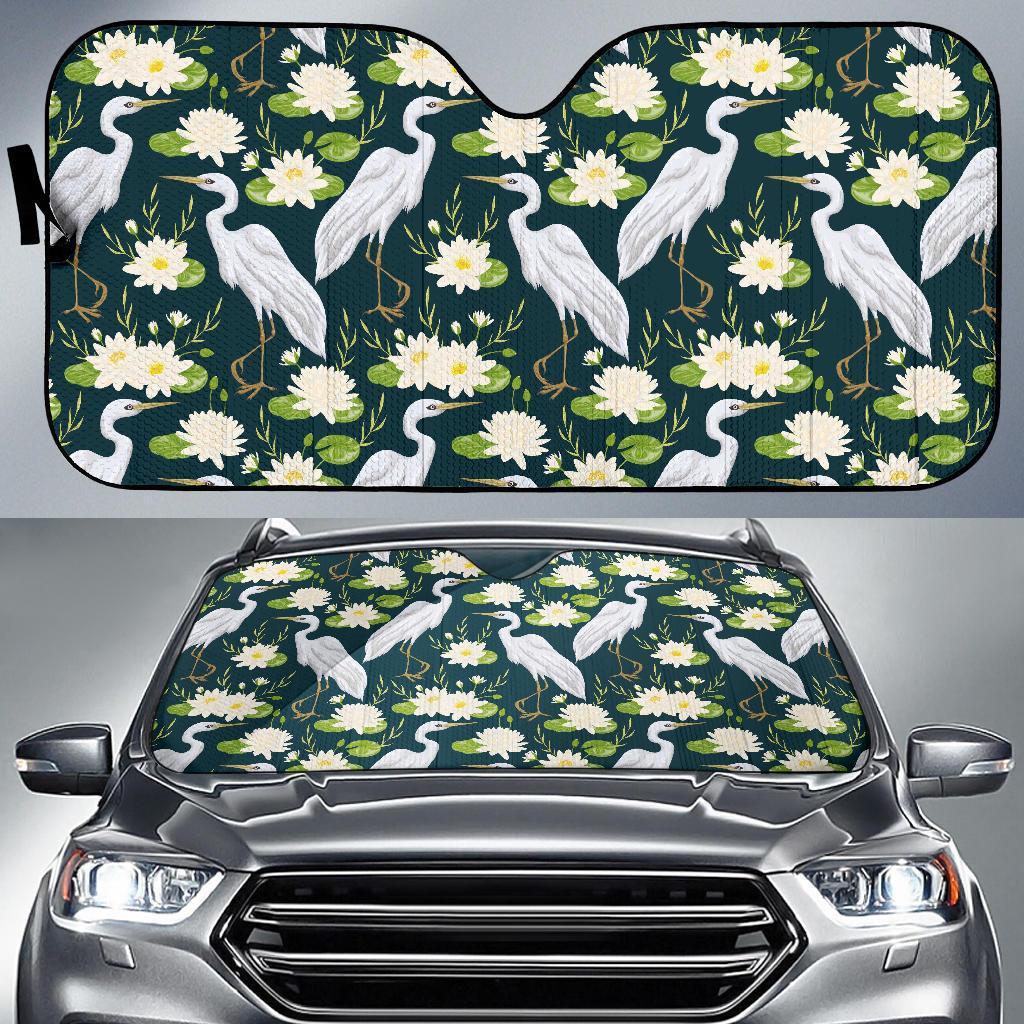 Heron Lotus Pattern Print Car Sun Shade-grizzshop