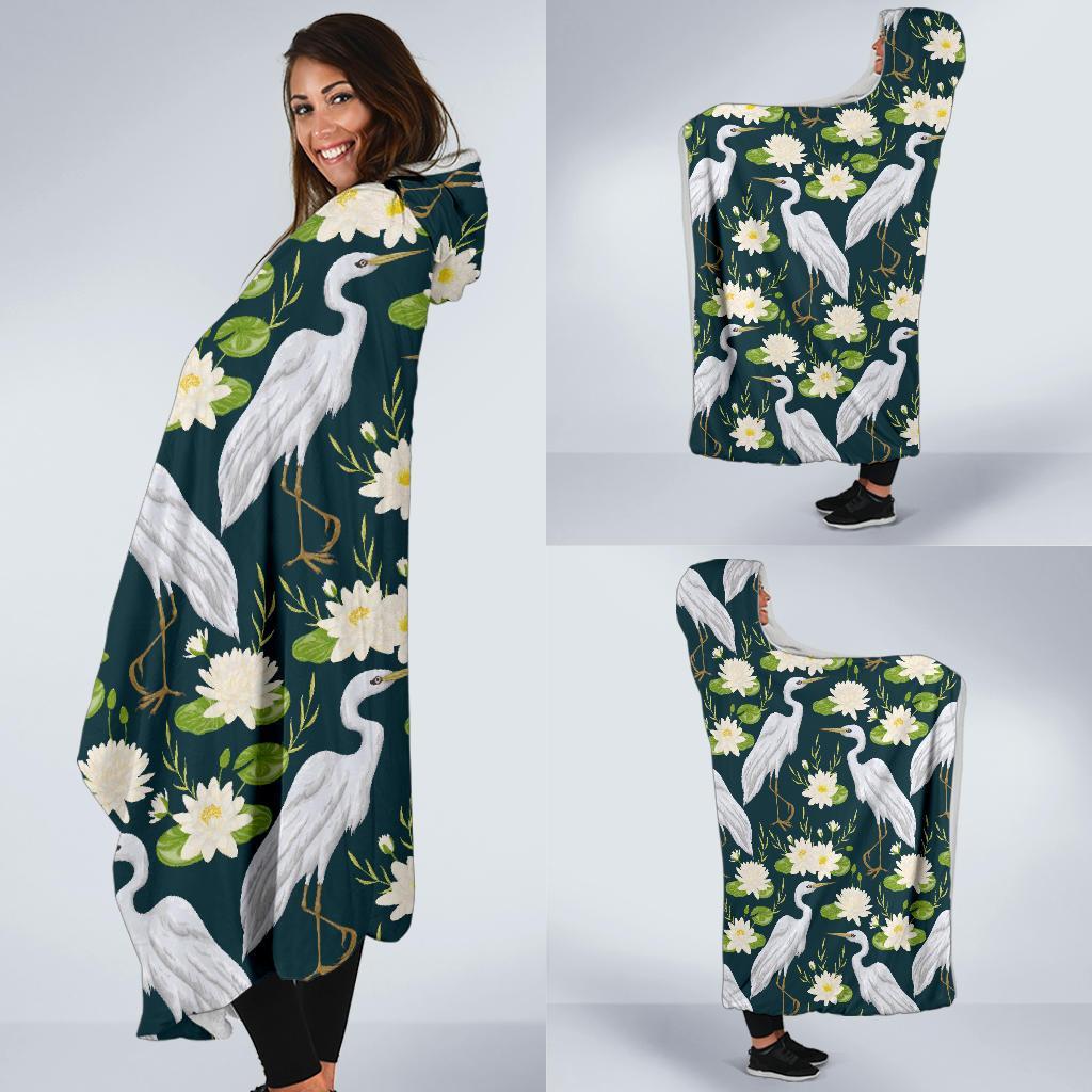 Heron Lotus Pattern Print Hooded Blanket-grizzshop