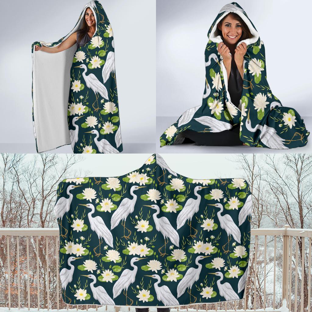 Heron Lotus Pattern Print Hooded Blanket-grizzshop