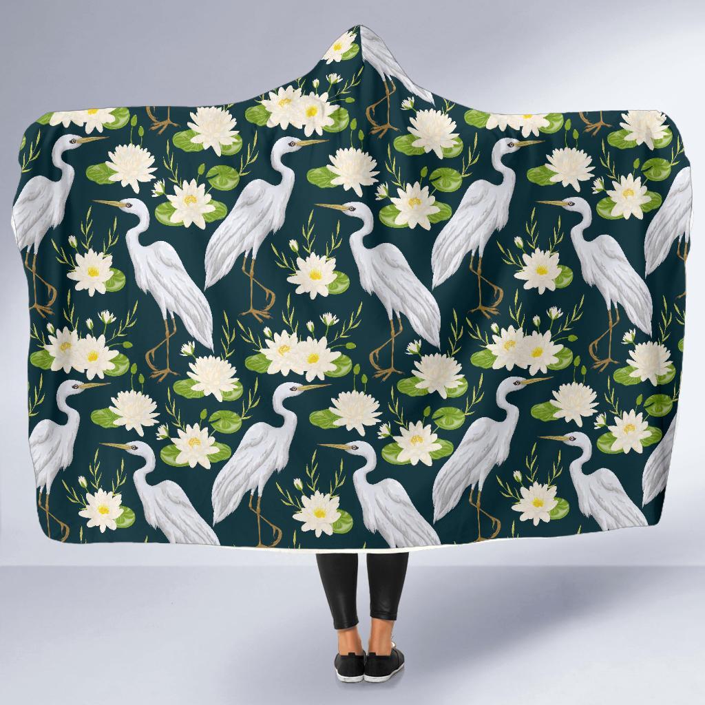 Heron Lotus Pattern Print Hooded Blanket-grizzshop