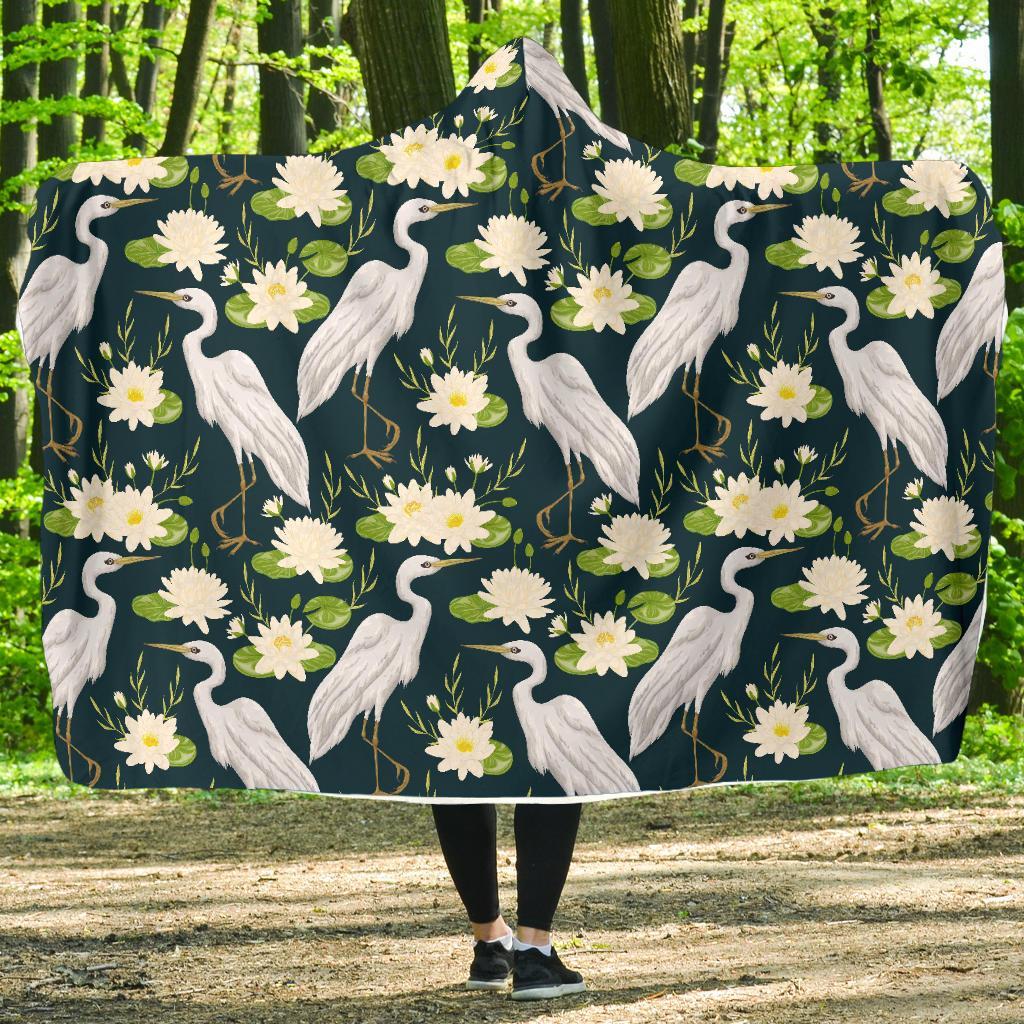 Heron Lotus Pattern Print Hooded Blanket-grizzshop