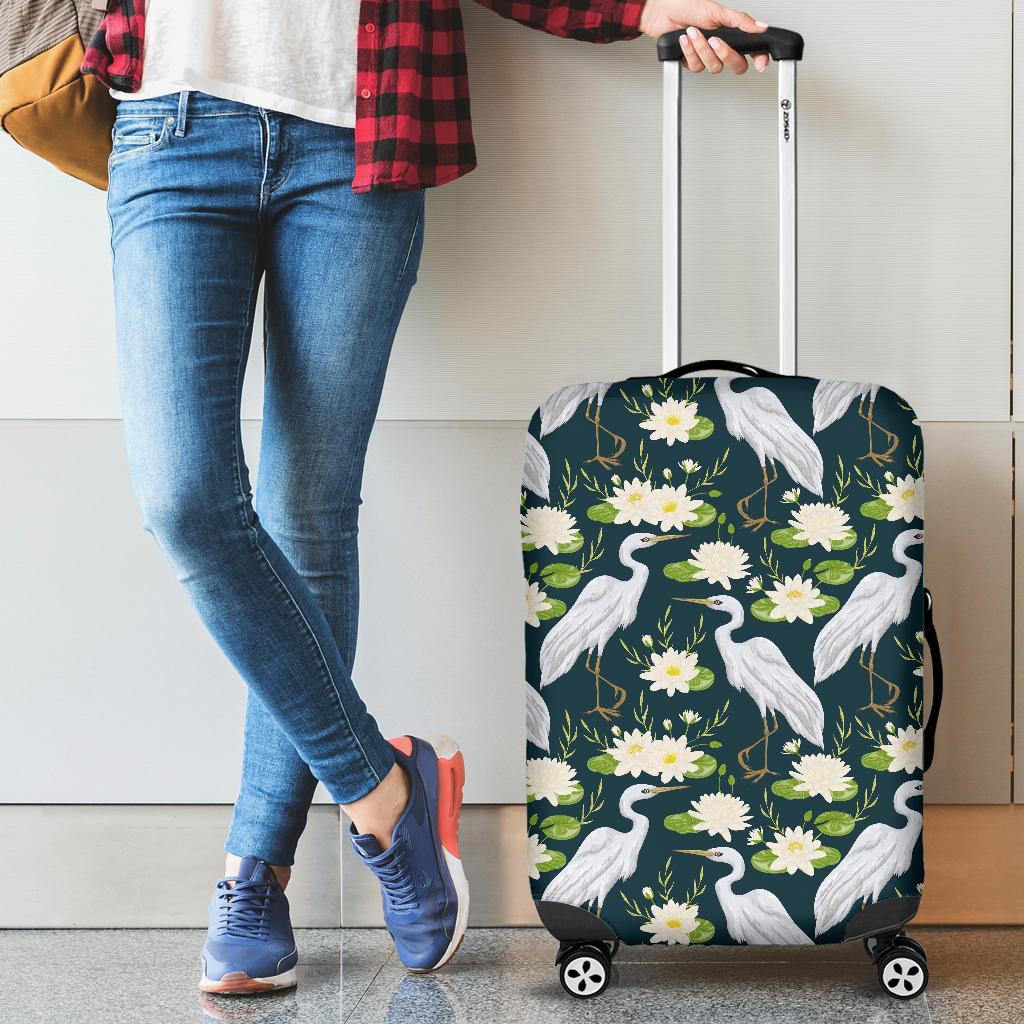 Heron Lotus Pattern Print Luggage Cover Protector-grizzshop