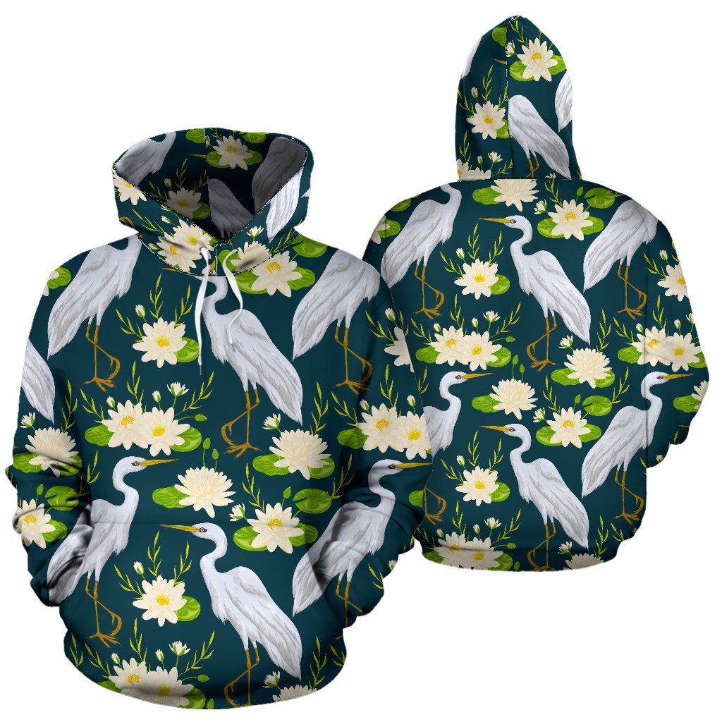 Heron Lotus Pattern Print Men Women Pullover Hoodie-grizzshop