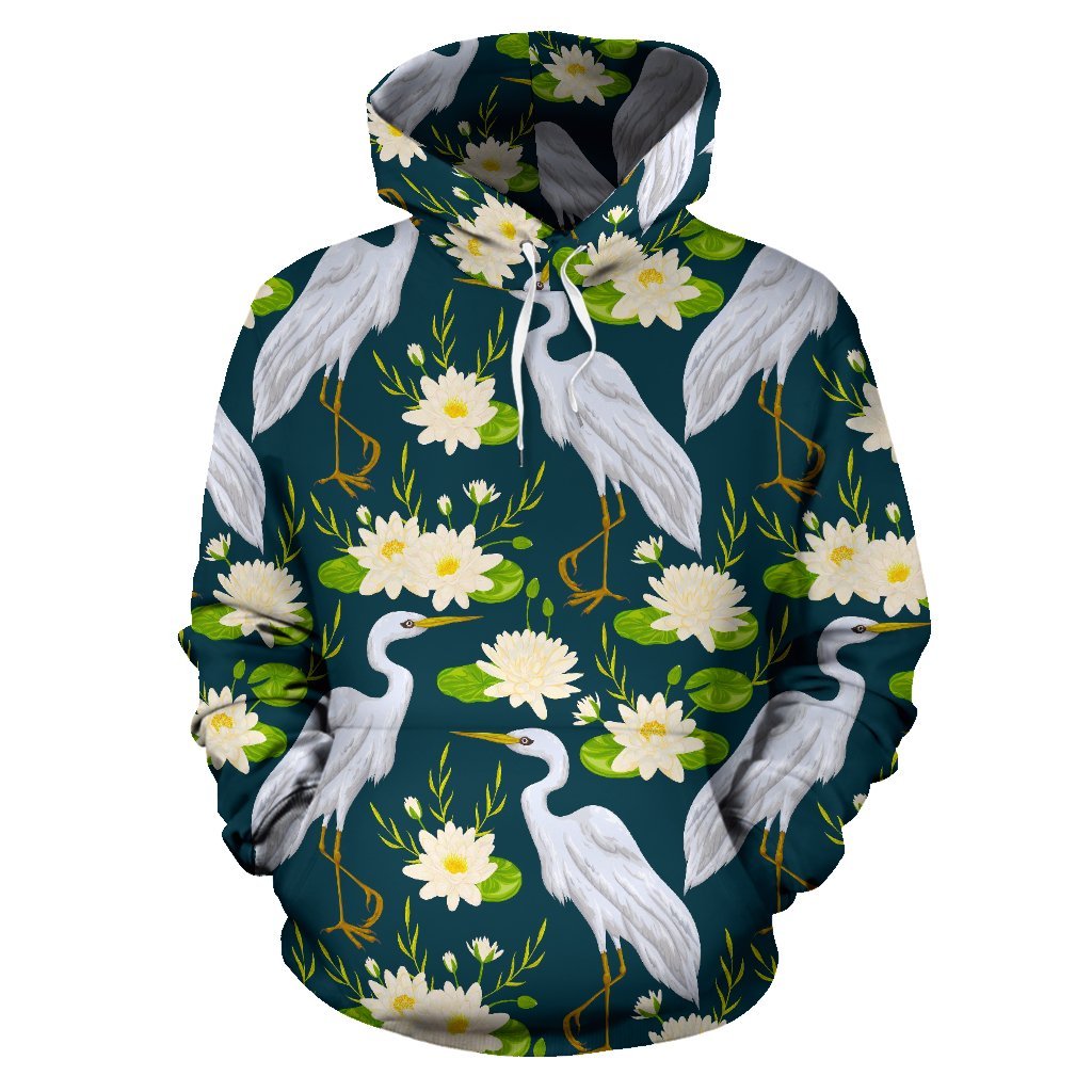 Heron Lotus Pattern Print Men Women Pullover Hoodie-grizzshop