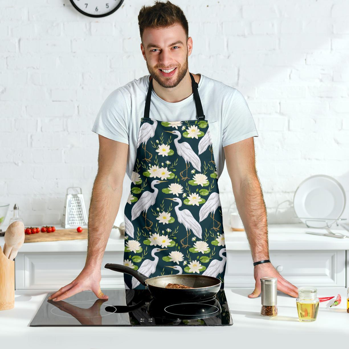 Heron Lotus Pattern Print Men's Apron-grizzshop