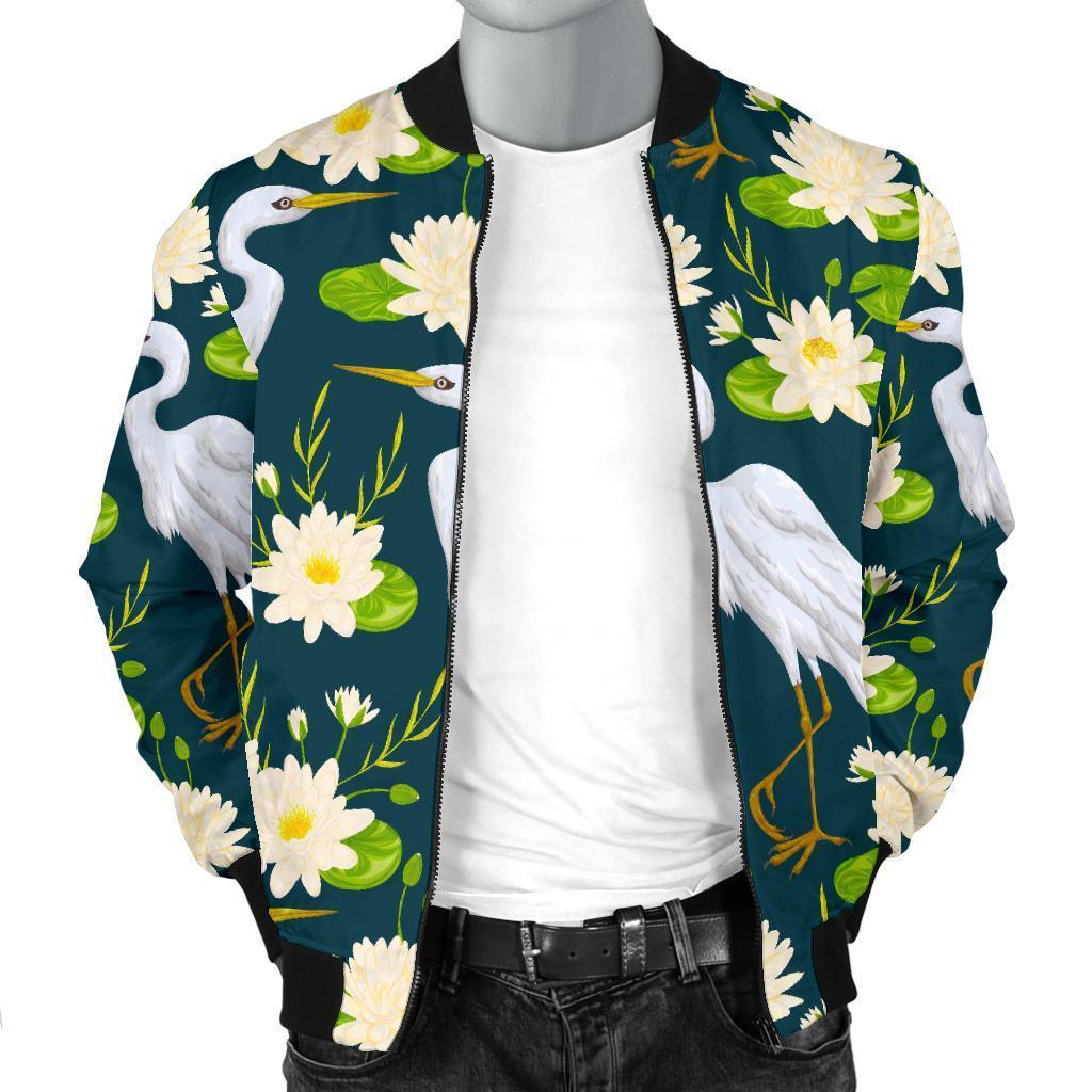 Heron Lotus Pattern Print Men's Bomber Jacket-grizzshop