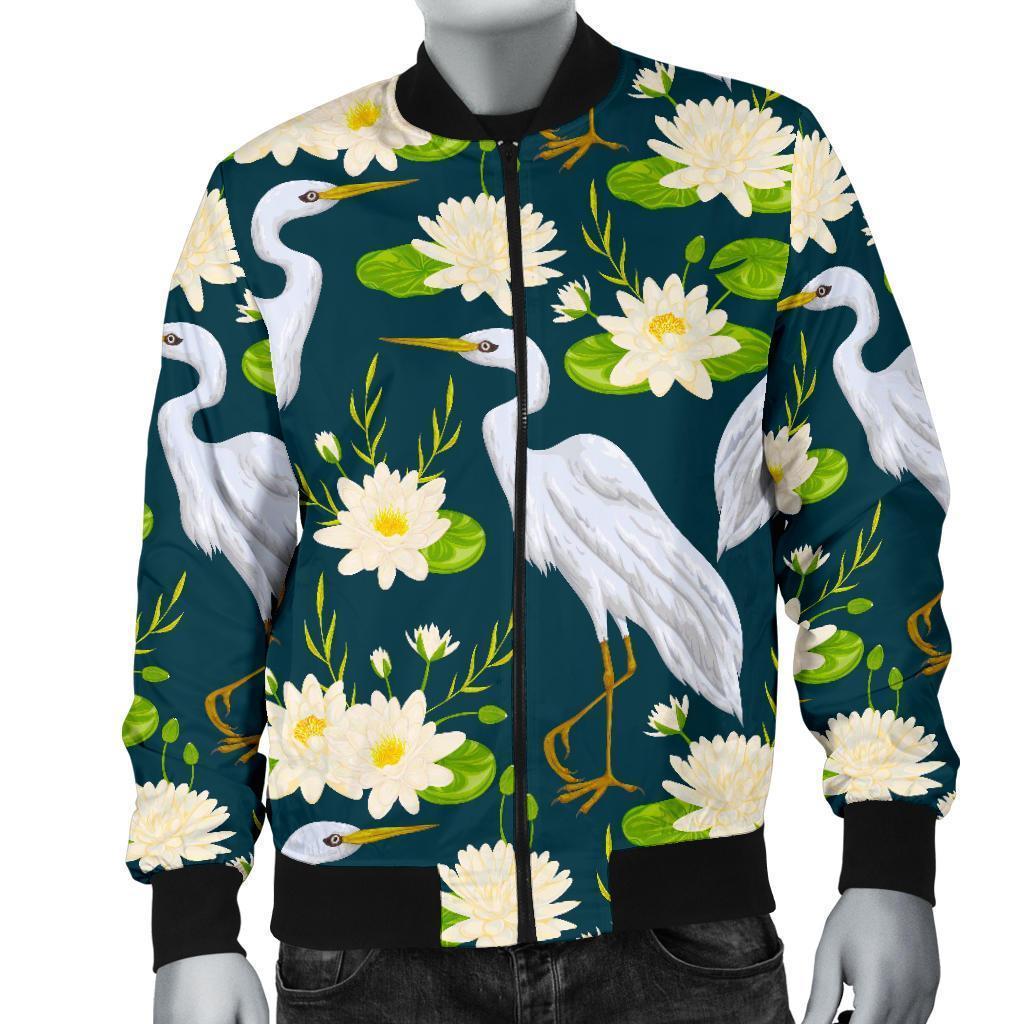 Heron Lotus Pattern Print Men's Bomber Jacket-grizzshop