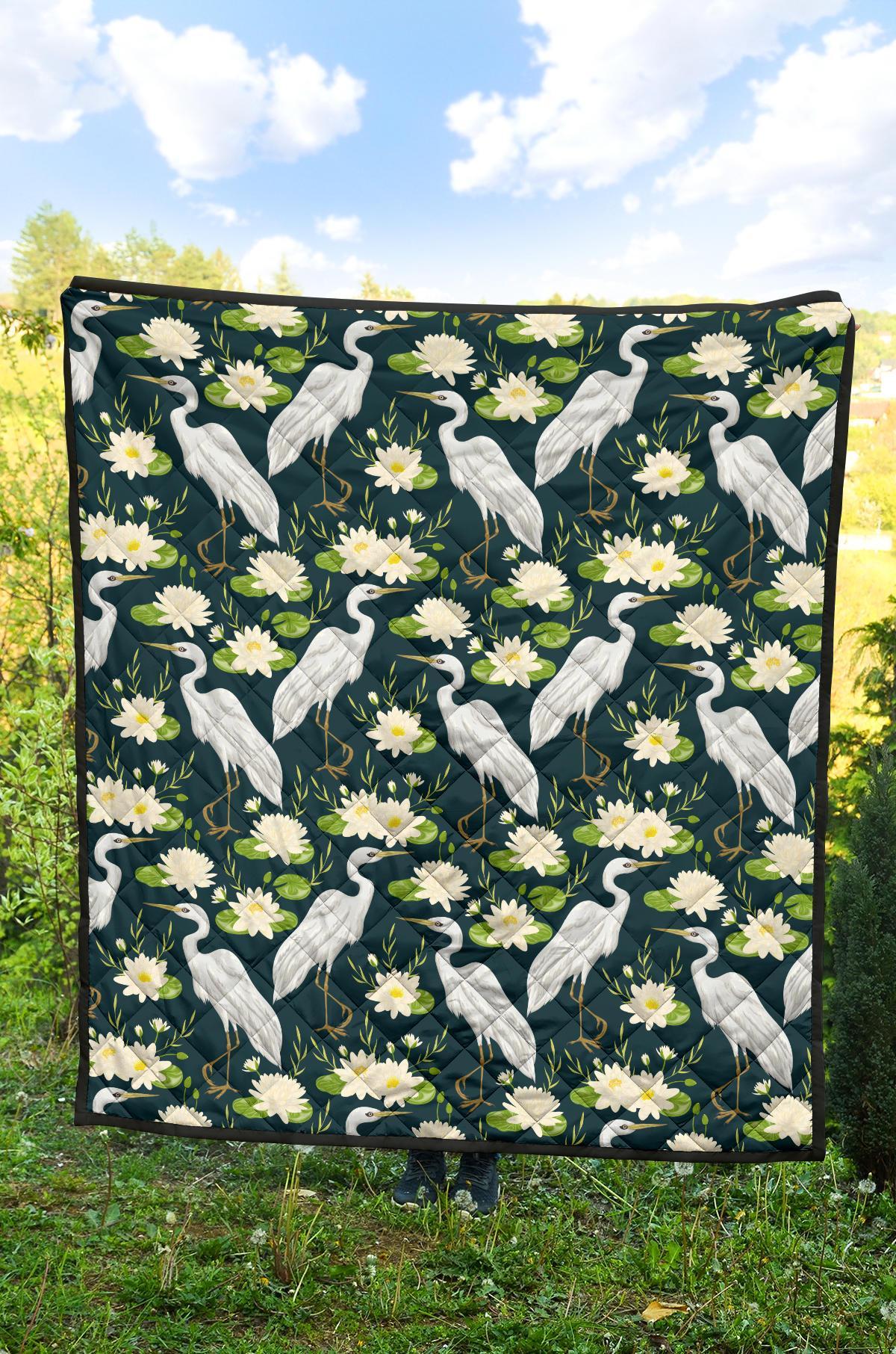 Heron Lotus Pattern Print Quilt-grizzshop