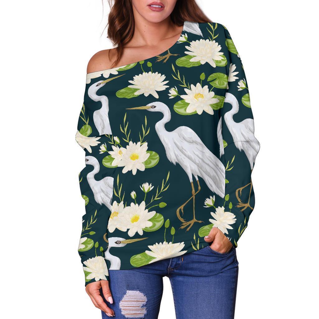 Heron Lotus Pattern Print Women Off Shoulder Sweatshirt-grizzshop