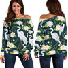 Heron Lotus Pattern Print Women Off Shoulder Sweatshirt-grizzshop