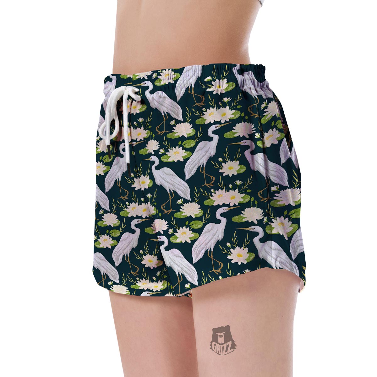 Heron Lotus Pattern Print Women's Shorts-grizzshop