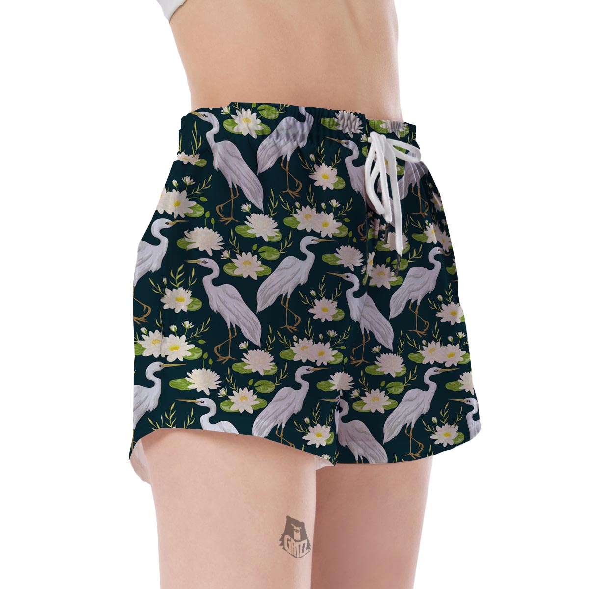 Heron Lotus Pattern Print Women's Shorts-grizzshop