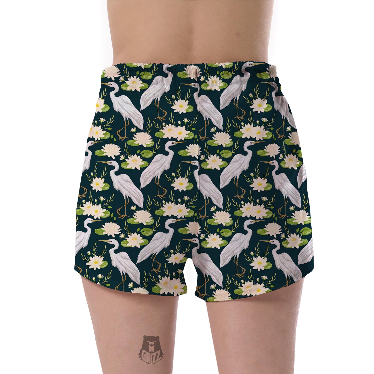 Heron Lotus Pattern Print Women's Shorts-grizzshop