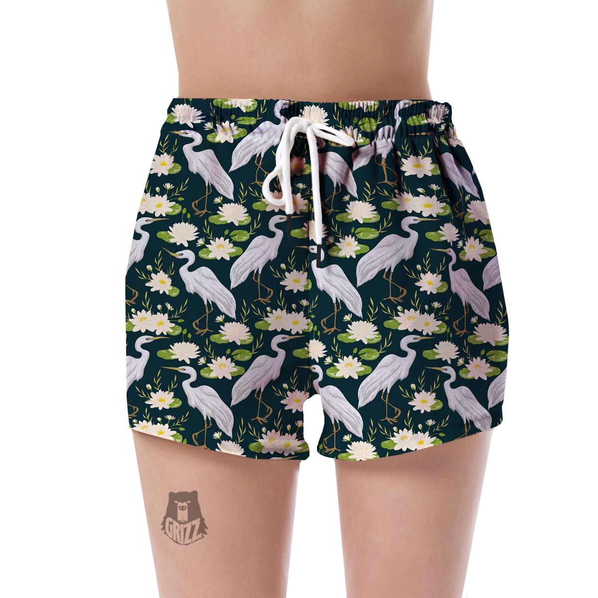 Heron Lotus Pattern Print Women's Shorts-grizzshop