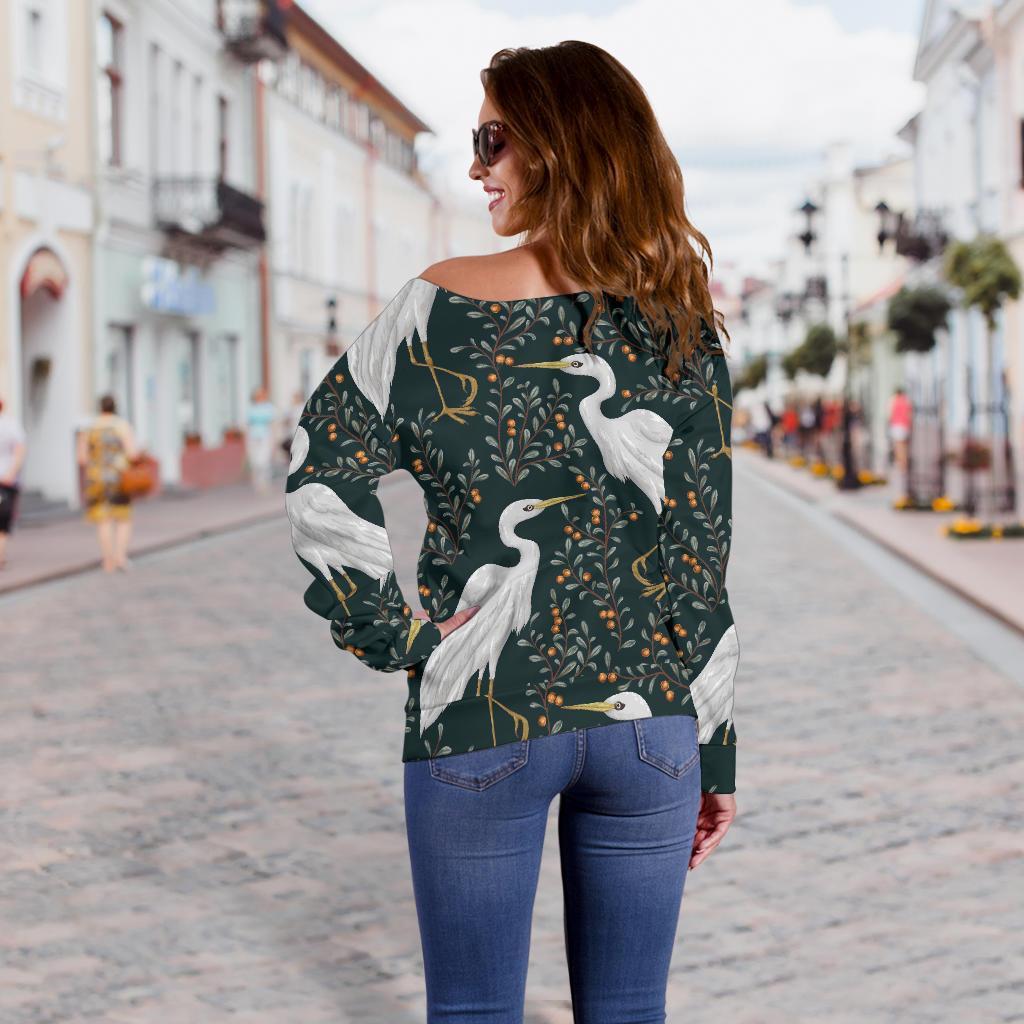 Heron Pattern Print Women Off Shoulder Sweatshirt-grizzshop
