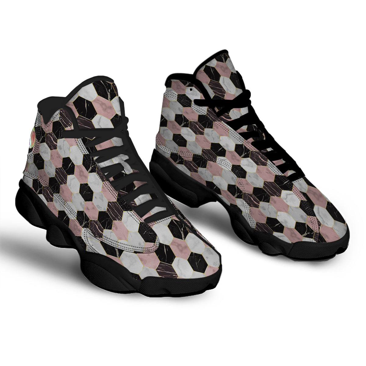 Hexagon Marble White Pink And Black Print Black Basketball Shoes-grizzshop