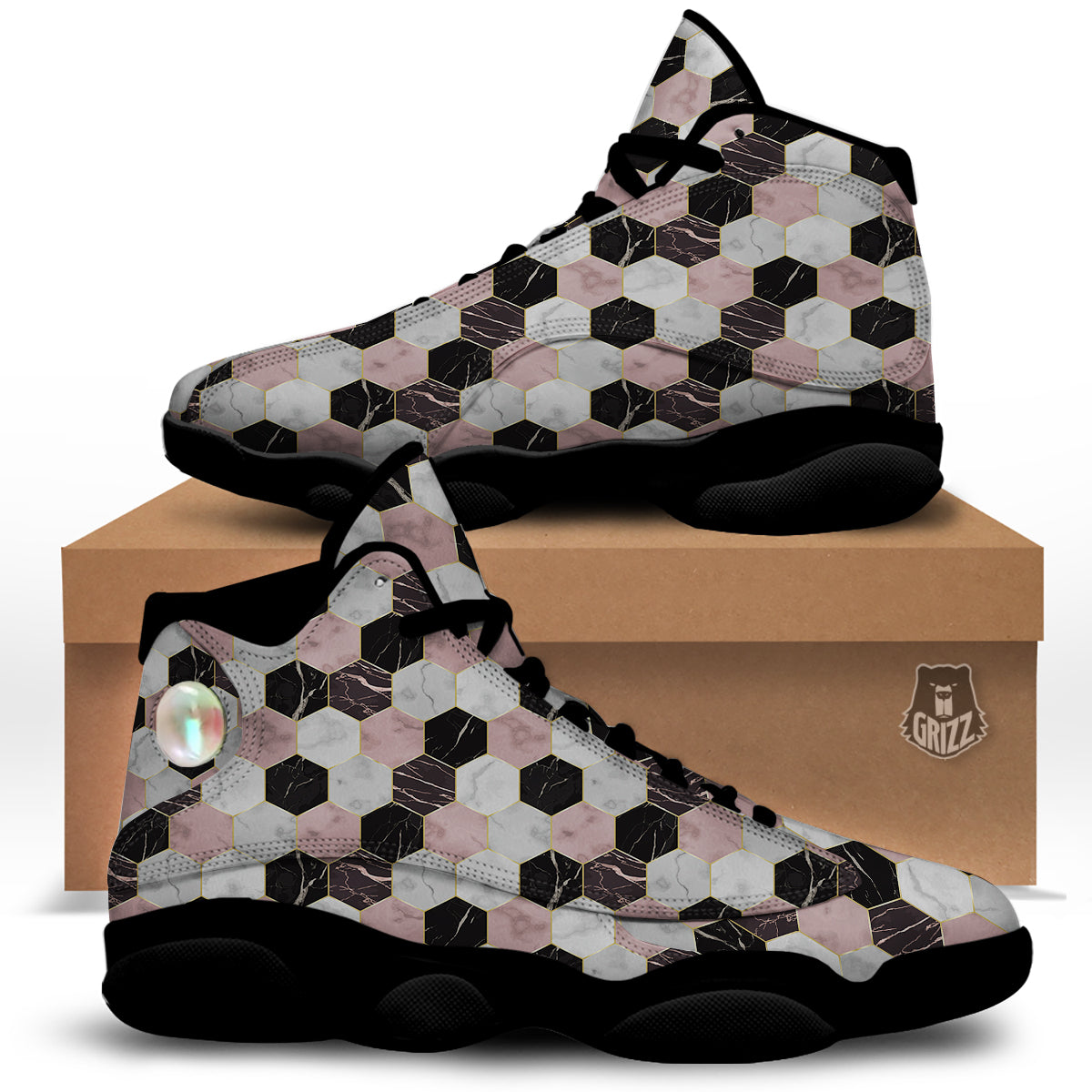 Hexagon Marble White Pink And Black Print Black Basketball Shoes-grizzshop