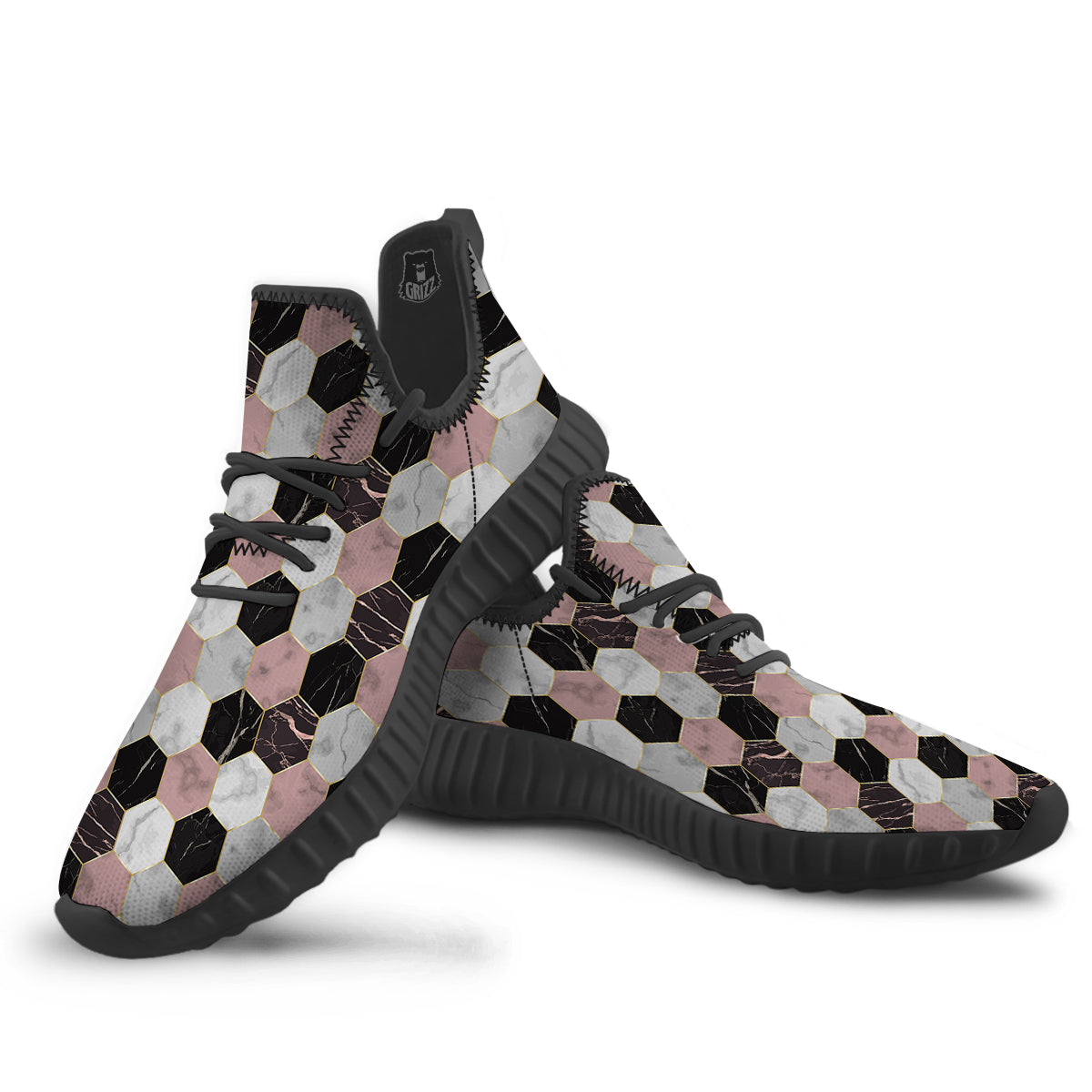 Hexagon Marble White Pink And Black Print Black Walking Shoes-grizzshop