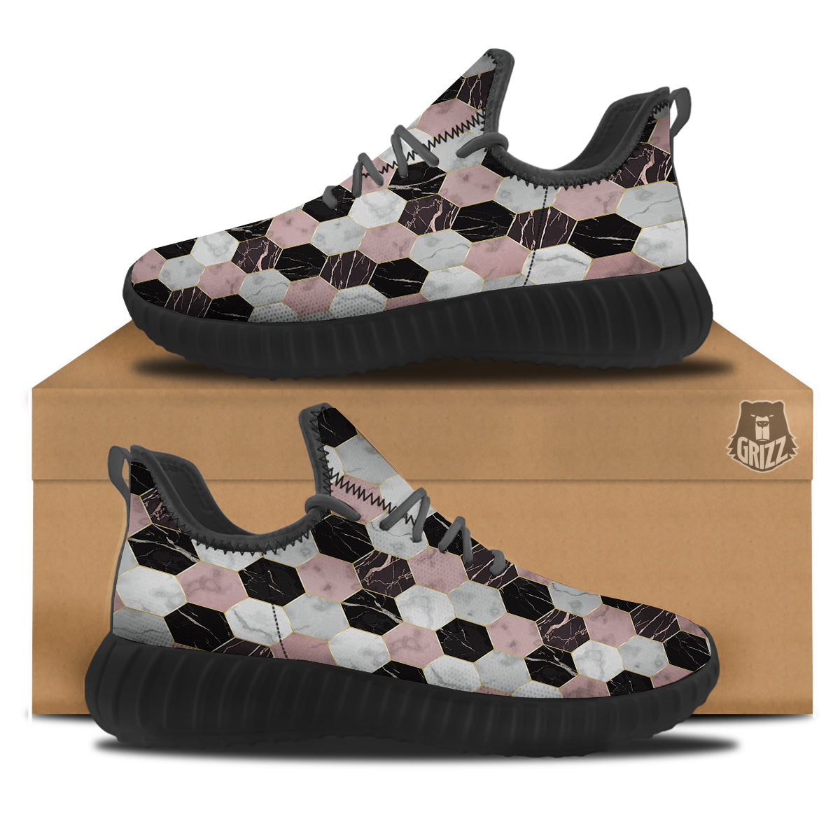 Hexagon Marble White Pink And Black Print Black Walking Shoes-grizzshop