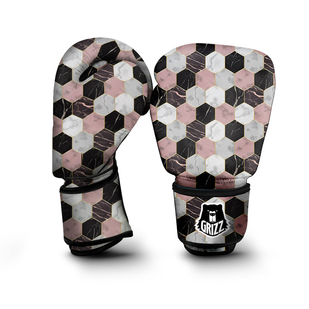 Hexagon Marble White Pink And Black Print Boxing Gloves-grizzshop