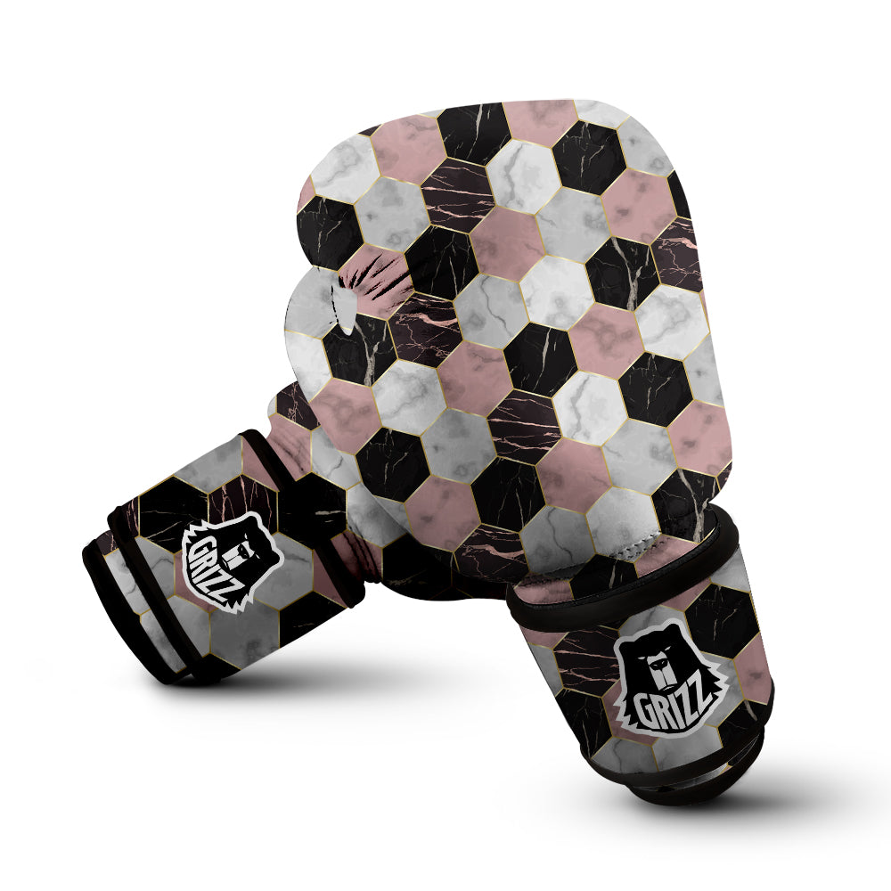 Hexagon Marble White Pink And Black Print Boxing Gloves-grizzshop