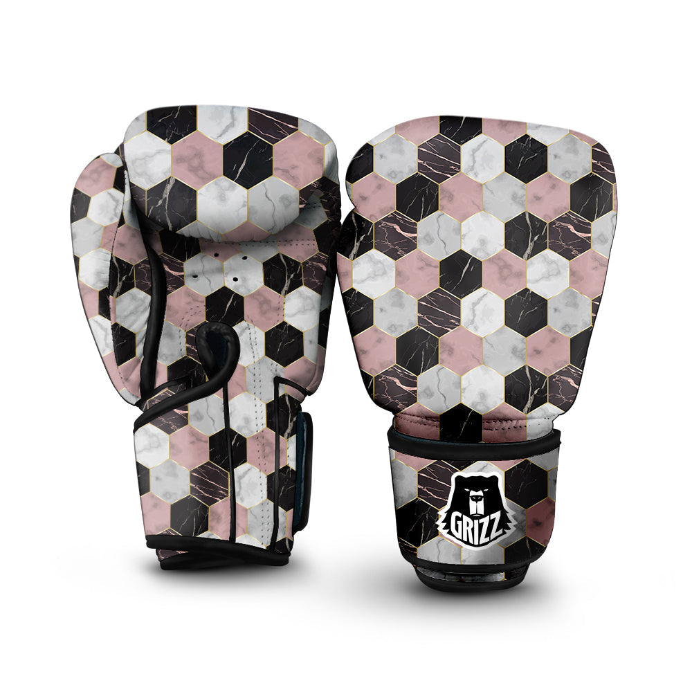 Hexagon Marble White Pink And Black Print Boxing Gloves-grizzshop
