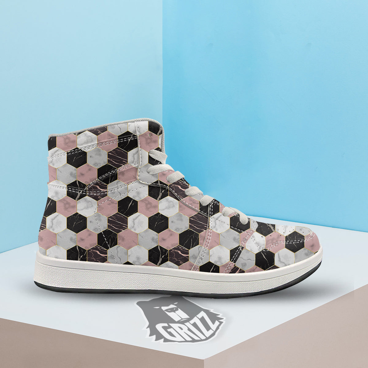 Hexagon Marble White Pink And Black Print High Top Sneakers-grizzshop