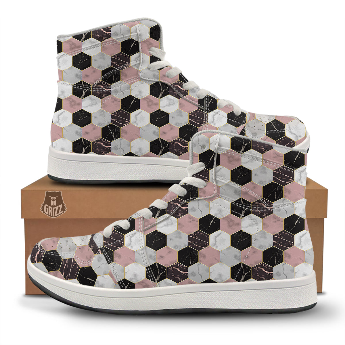 Hexagon Marble White Pink And Black Print High Top Sneakers-grizzshop