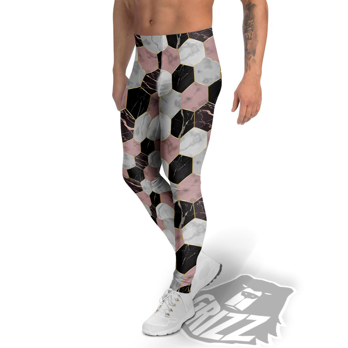 Hexagon Marble White Pink And Black Print Men's Leggings-grizzshop