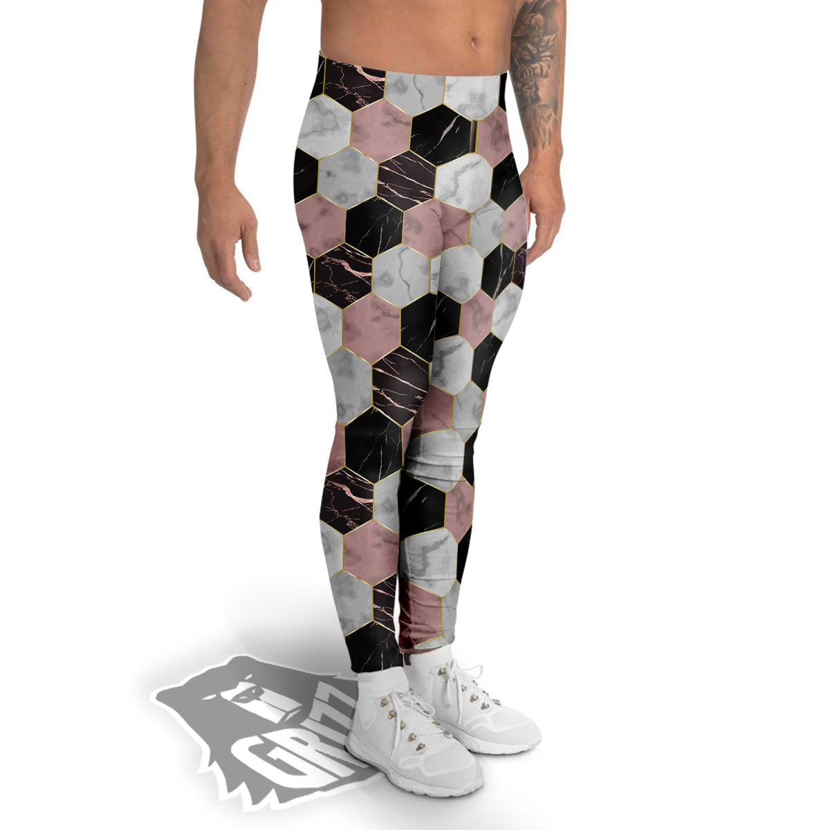 Hexagon Marble White Pink And Black Print Men's Leggings-grizzshop