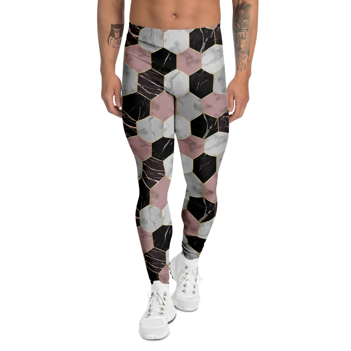 Hexagon Marble White Pink And Black Print Men's Leggings-grizzshop