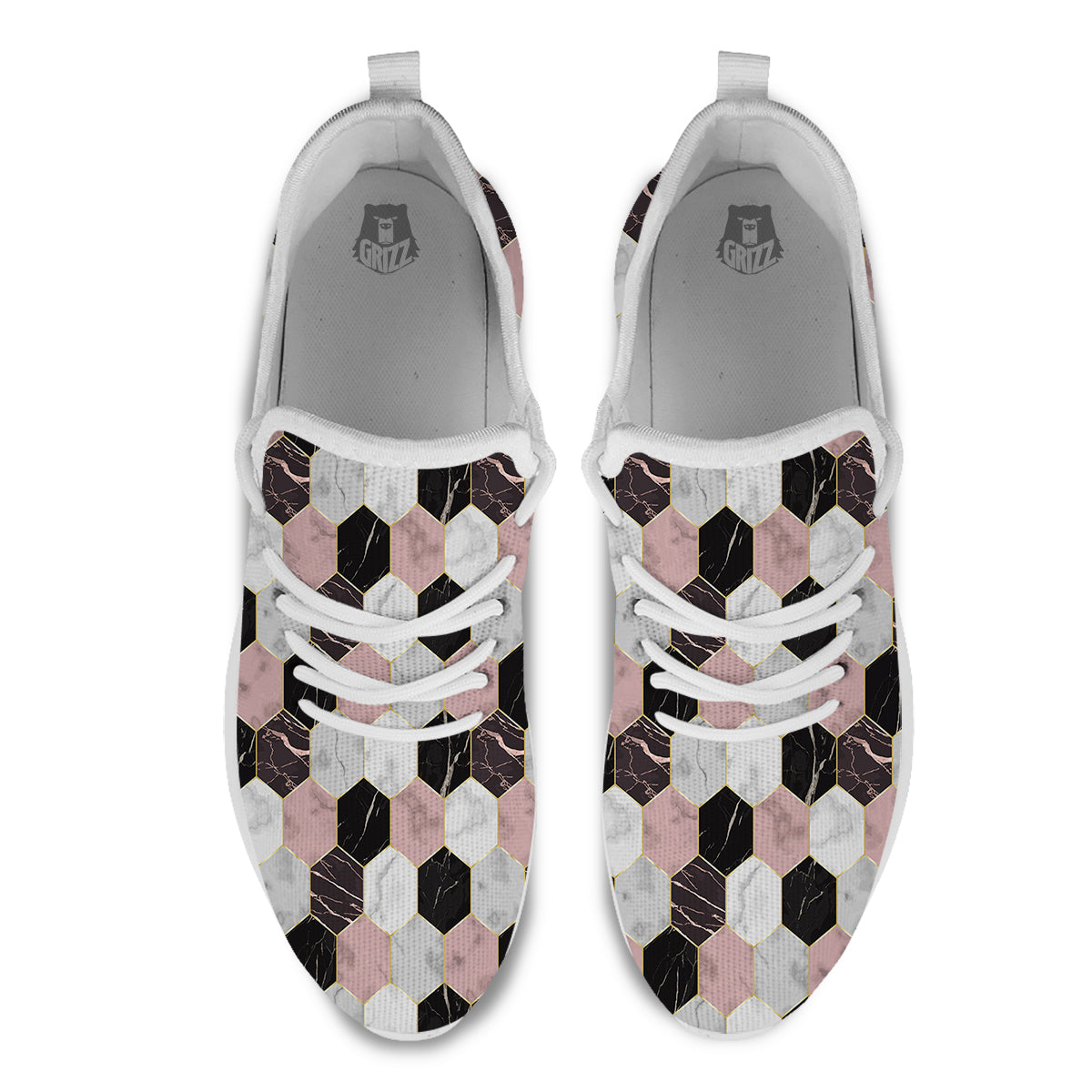 Hexagon Marble White Pink And Black Print White Athletic Shoes-grizzshop