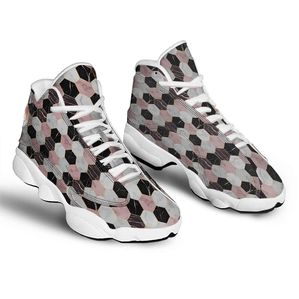 Hexagon Marble White Pink And Black Print White Basketball Shoes-grizzshop