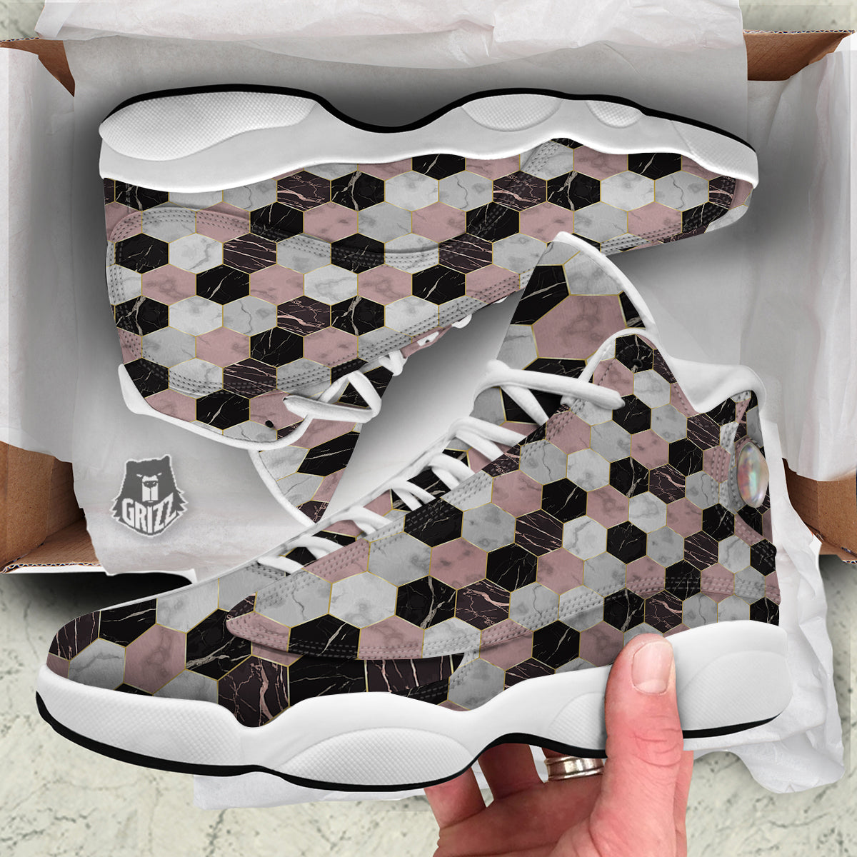 Hexagon Marble White Pink And Black Print White Basketball Shoes-grizzshop