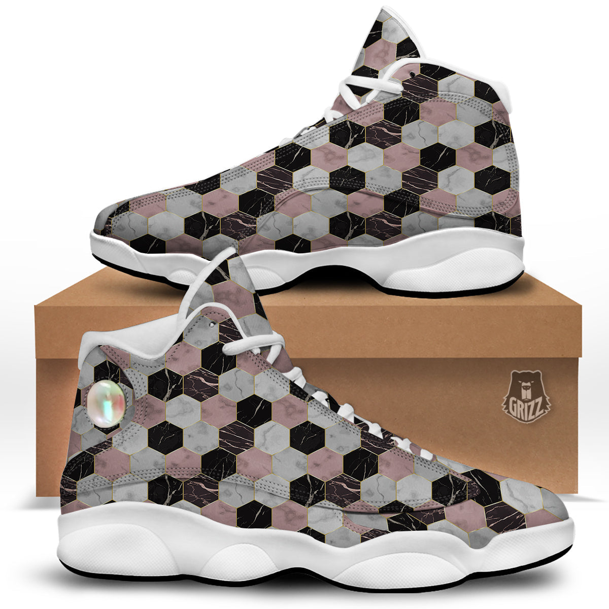 Hexagon Marble White Pink And Black Print White Basketball Shoes-grizzshop
