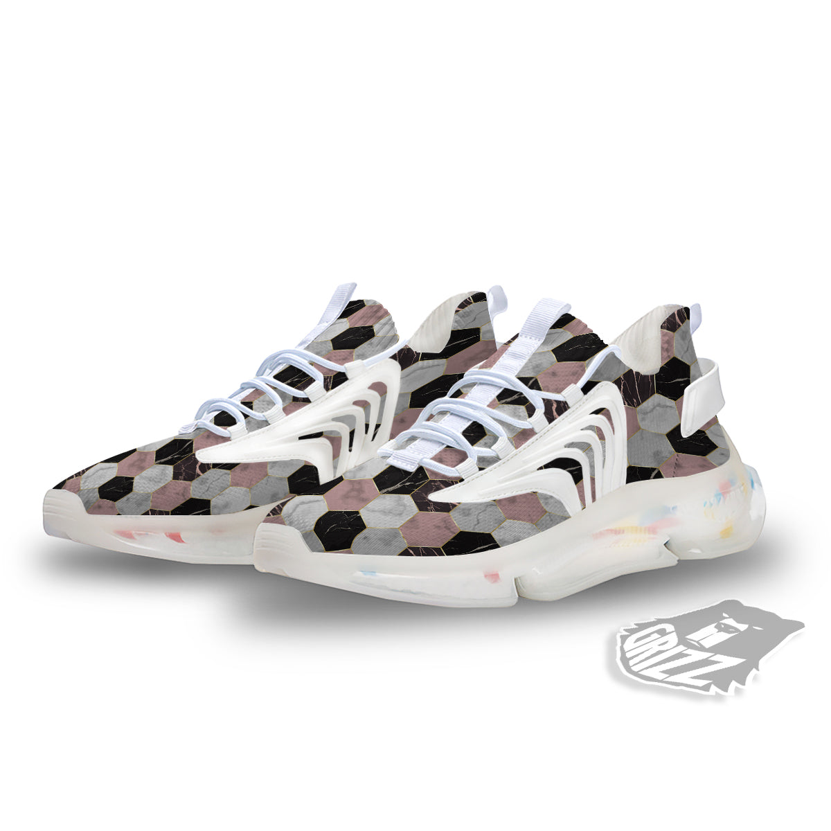 Hexagon Marble White Pink And Black Print White Gym Shoes-grizzshop