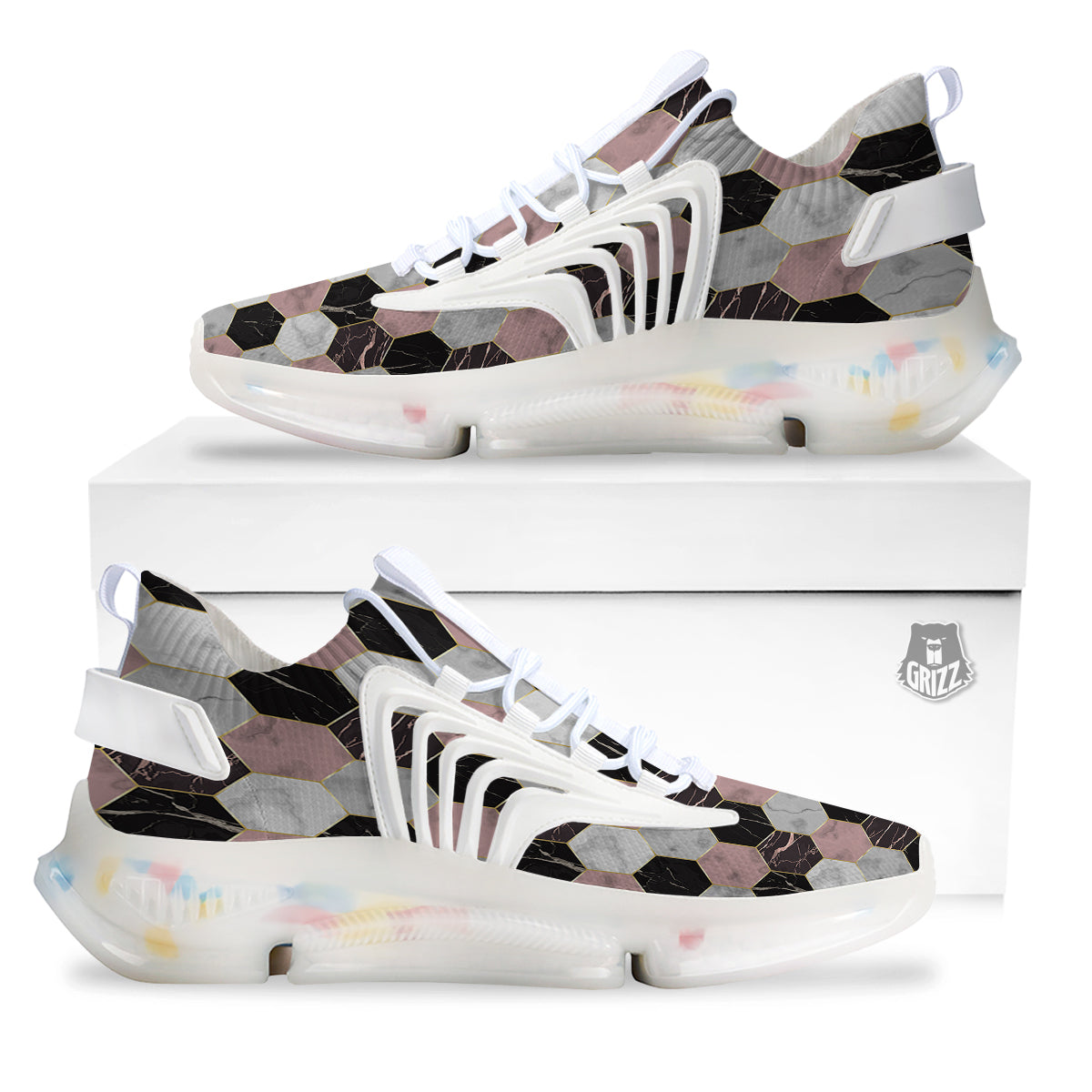 Hexagon Marble White Pink And Black Print White Gym Shoes-grizzshop