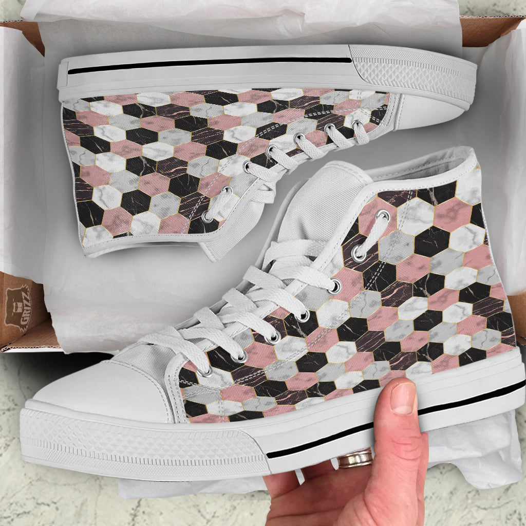 Hexagon Marble White Pink And Black Print White High Top Shoes-grizzshop
