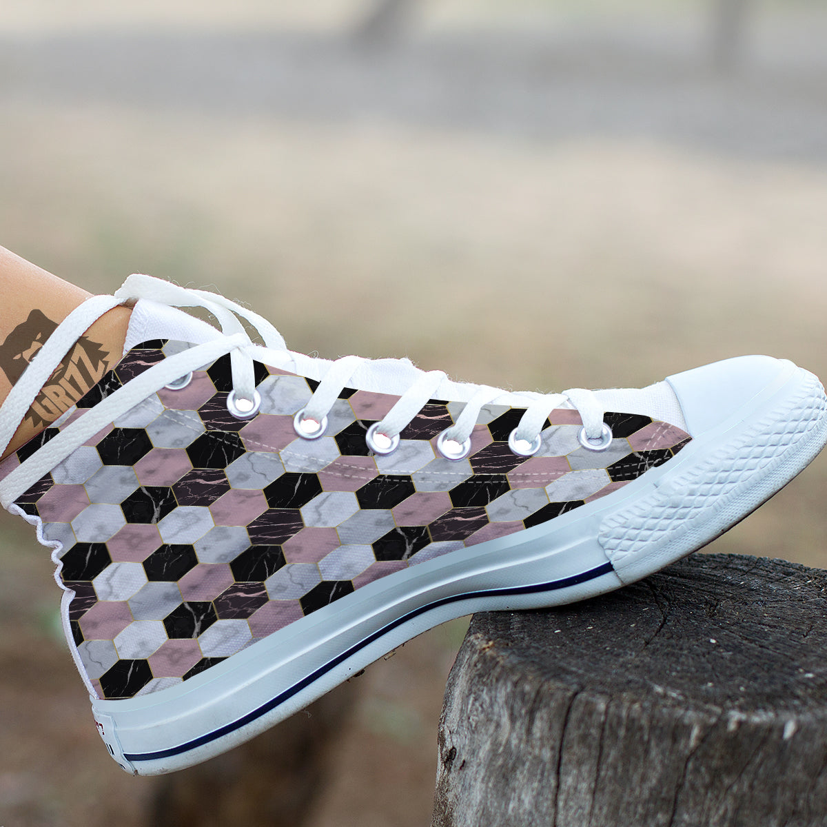 Hexagon Marble White Pink And Black Print White High Top Shoes-grizzshop