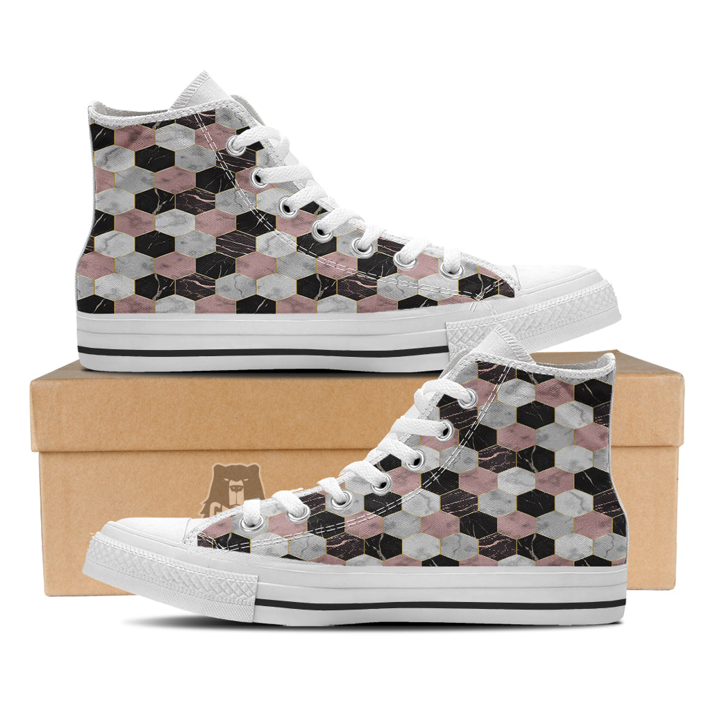 Hexagon Marble White Pink And Black Print White High Top Shoes-grizzshop