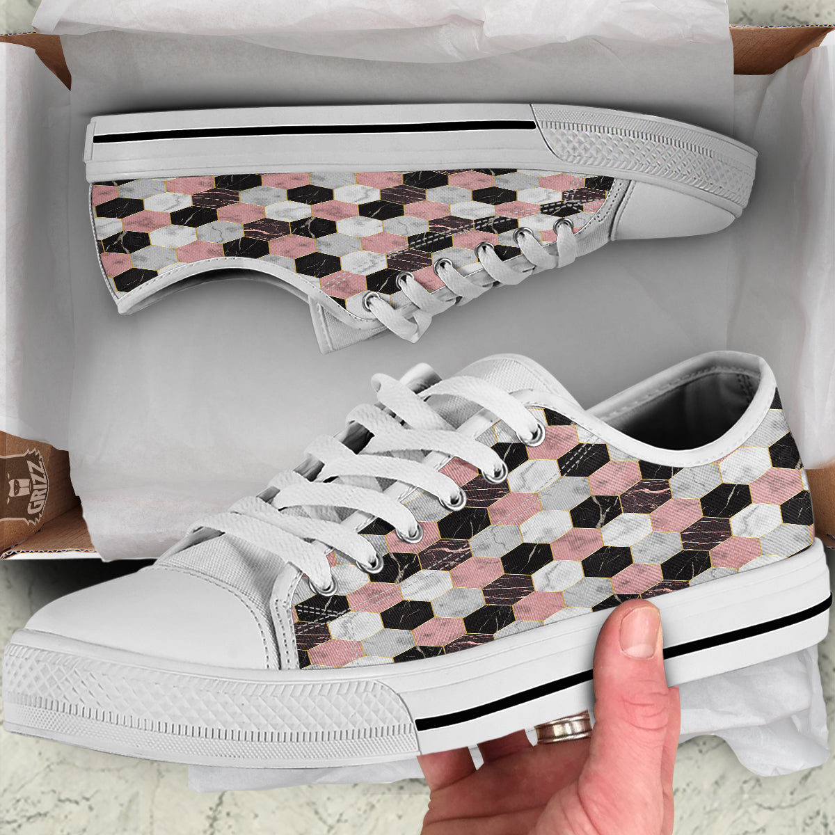 Hexagon Marble White Pink And Black Print White Low Top Shoes-grizzshop
