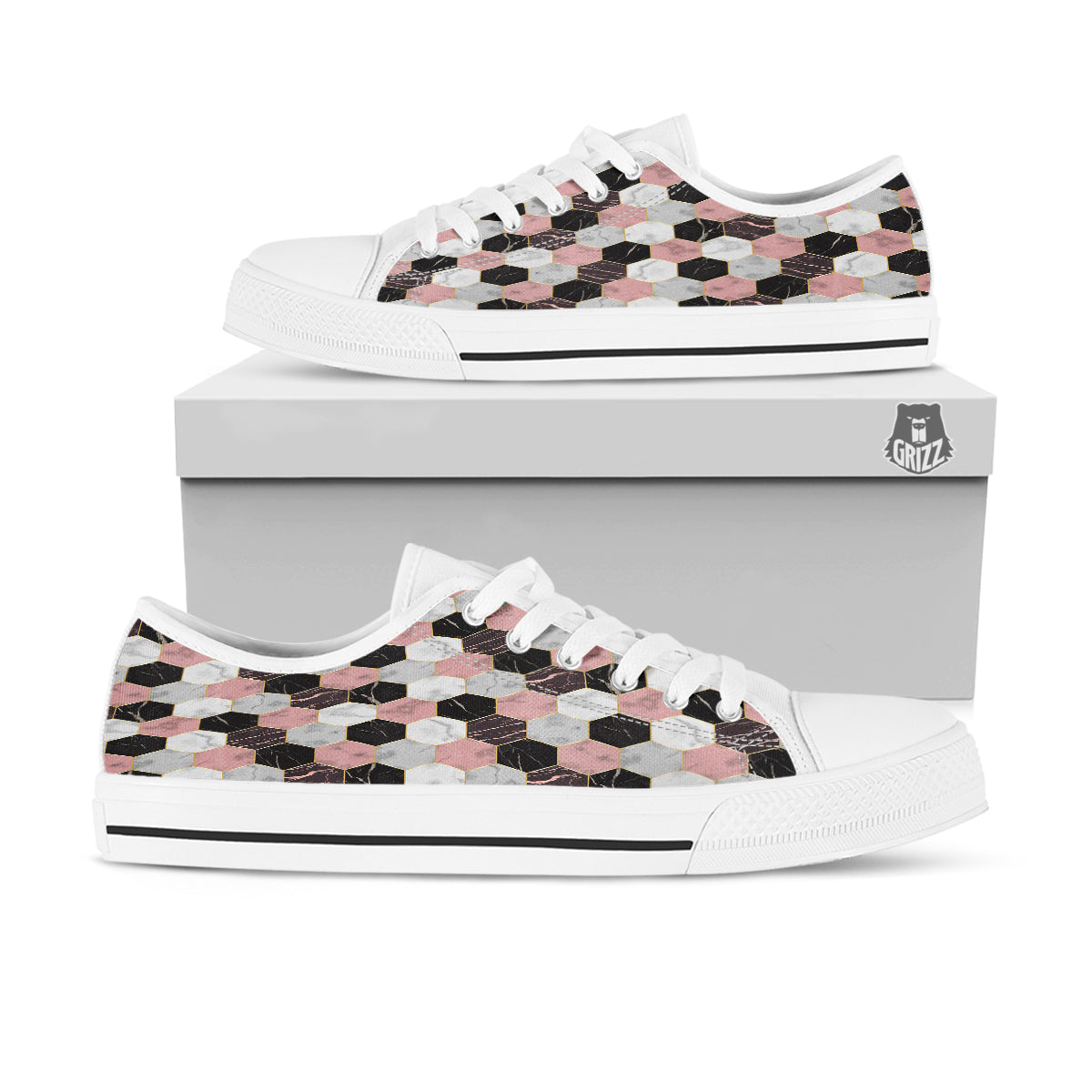 Hexagon Marble White Pink And Black Print White Low Top Shoes-grizzshop