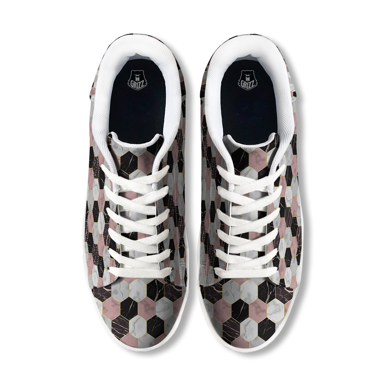 Hexagon Marble White Pink And Black Print White Low Top Sneakers-grizzshop